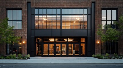 Modern brick building entrance at night with large windows and glass doors.