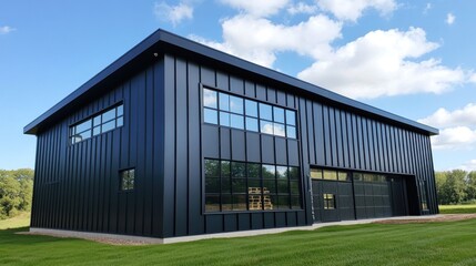 Fototapeta premium Modern black metal building with large windows and garage doors.