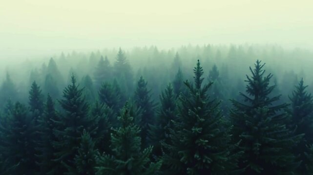 cinematic 4K HD Video of Foggy pine forest. misterious pine forest enveloped in a thick morning fog. 