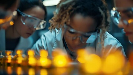 Diverse group of scientists examining glowing samples in a lab, showcasing teamwork and collaboration in scientific research. - Powered by Adobe