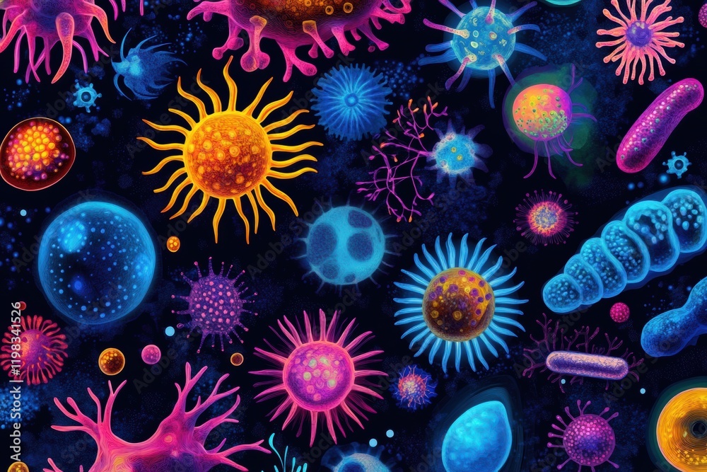 Leinwandbilder colorful array of bacteria and microbes illustrating diversity in microscopic life. generative ai