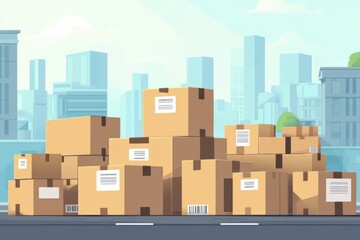 The logistic planner analyzes. Piled cardboard boxes in a cityscape setting ready for shipping or storage.
