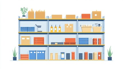 The logistic planner analyzes. Colorful shelf display filled with various storage boxes and supplies in a modern layout.