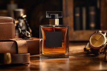 Luxury men's perfume bottle with a gold foil label, set on a mahogany table with leather accessories and a gold watch. Cinematic, warm, and elegant aesthetic