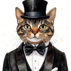 Elegant cat wearing a tuxedo and top hat.