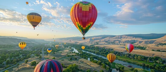 Obraz premium Hot Air Balloons Soaring Over a River Valley