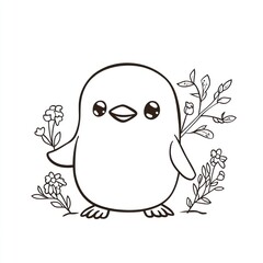 Fototapeta premium A line drawing of a bird standing among foliage, for coloring or illustration projects