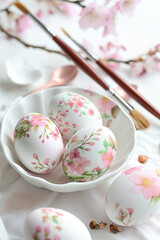 Fototapeta premium Easter eggs decorated with floral motifs lying in white bowl near paintbrushes
