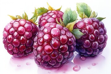 Fototapeta premium A close-up of fresh, glistening raspberries with green leaves.