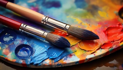 Artists Prepared Watercolor Palette with Two Paintbrushes, Ready for a Vibrant Creative Venture