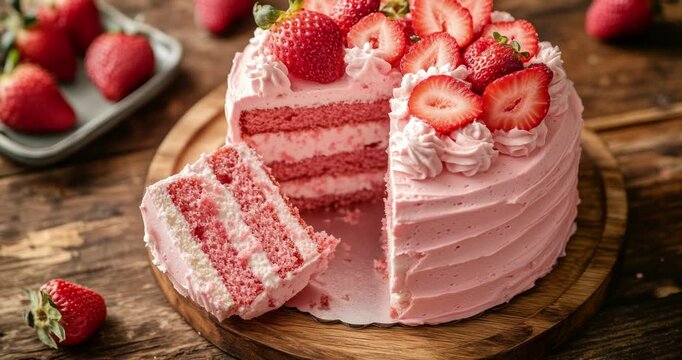 A pink strawberry cake with fresh strawberries. Strawberry cream puff cake. Delicate pink strawberry cake. Beautifully crafted strawberry shortcake with cream. Slice Strawberry cake. Birthday cake
