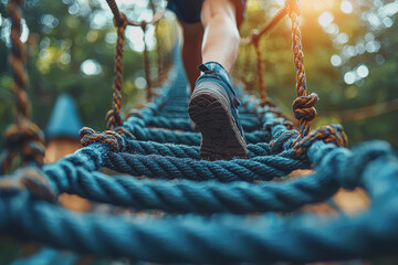 Person walking on a rope in the woods balancing act in nature adventure and challenge in forest setting unique outdoor experience skillful performance among trees and foliage