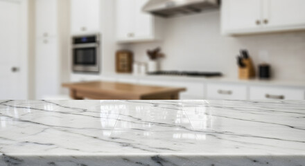close-up image of a white granite kitchen countertop, meant to be positioned over a kitchen background that is blurred, highlighting white and wooden features.