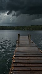 Fototapeta premium dock lake,Rain-Drenched Dock Overlooking a Stormy Lake Scene