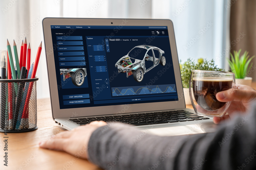 Poster electric car design software on computer screen showing simulation blueprint snugly by digital calcu