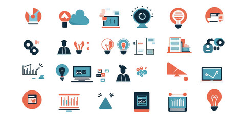 collection of vector illustrations featuring various business and technology icons, including charts, light bulbs, and cloud symbols, conveying innovation and data analysis