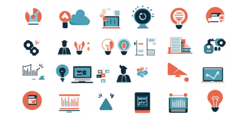 collection of vector illustrations featuring various business and technology icons, including charts, light bulbs, and cloud symbols, conveying innovation and data analysis