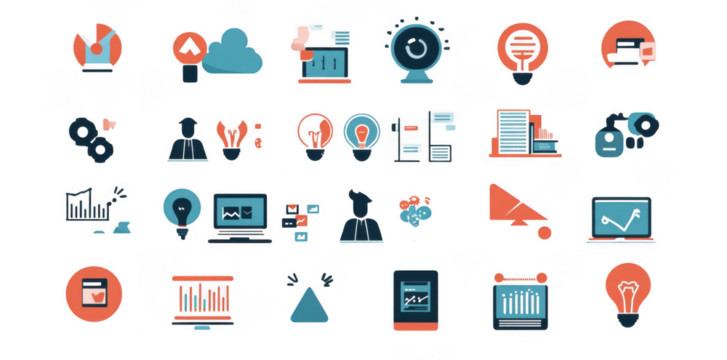 collection of vector illustrations featuring various business and technology icons, including charts, light bulbs, and cloud symbols, conveying innovation and data analysis