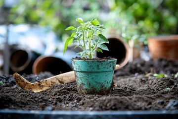 Repot young pequin pepper plant in a new flowerpot for home gardening