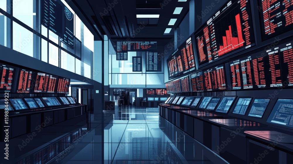 Poster High-Tech Trading Floor with Digital Displays Showing Stock Market Data in a Modern Financial Environment