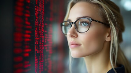 Woman looking at stock market data.