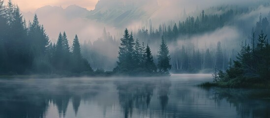 Fototapeta premium Misty Mountain Lake at Dawn