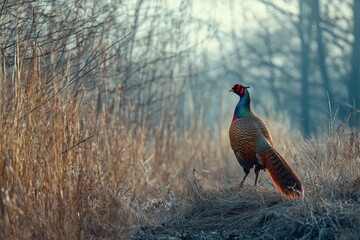 Fototapeta premium Ring necked pheasant in spring grassland habitat