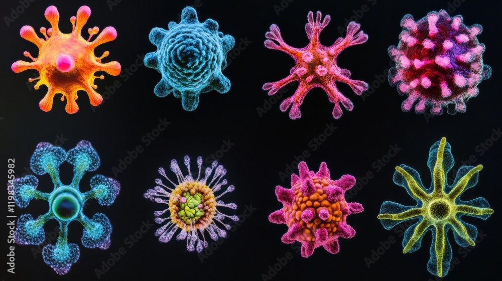 Aufkleber sequence of evolving bacteria showing distinct shapes and colors under microscopic observation in a 