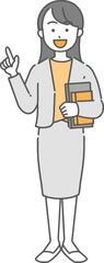 本を持って指差しをする若いビジネスウーマン／先生の全身イラスト