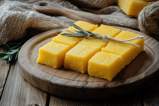 Romanian polenta dish mamaliga sliced with string on a wooden plate