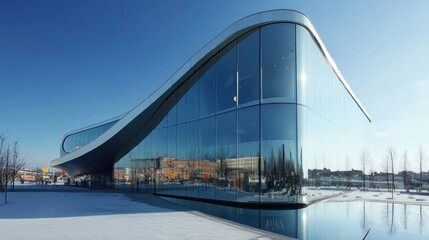 Obraz premium Modern glass building reflecting winter sky.