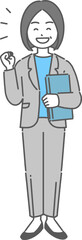ノートパソコンを持ってガッツポーズをするベテランのビジネスウーマン／先生の全身イラスト