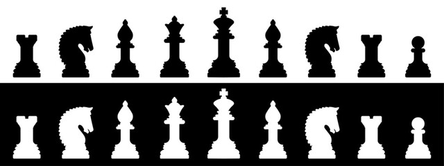 Silhouette chess pieces set featuring black and white rook, knight, bishop, queen, king, and pawn. Ideal for game design, strategy illustrations, chess apps, and educational content.	