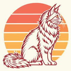 Retro Vintage Illustration of Maine Coon Cat with Sunset Background