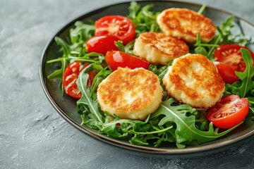 Salad featuring crispy halloumi cherry tomatoes and arugula on a gray textile background Healthy meal with empty space