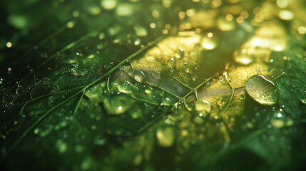 High Resolution Macro Photography of a Green Leaf with Water Droplets and Natural Texture Showcasing Vein Patterns







