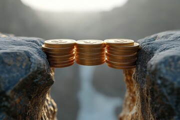 Golden Bridge Constructed of Coins Spanning Rocky Terrain in Natural Landscape