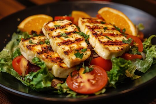 Salad of grilled halloumi oranges tomatoes and lettuce nutritious dish