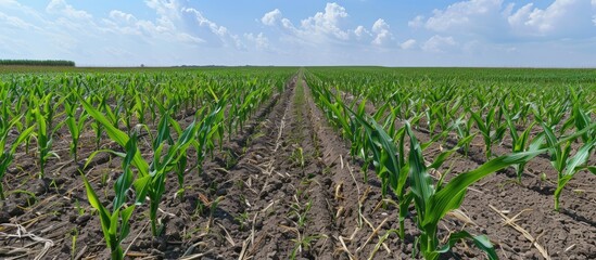 Fototapeta premium Young Corn Plants in a Field with a Blue Sky
