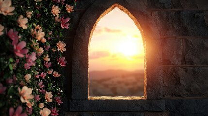 A picturesque stone window framed by blooming flowers, revealing a stunning sunset view over rolling hills.