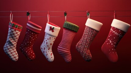 Six Christmas Stockings Hanging on a Line Against a Red Background