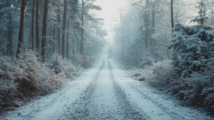 Obraz premium Snowy road through lush forest landscape with tall trees in winter scenic view of natures beauty peaceful pathway surrounded by snow-covered foliage and tranquil atmosphere