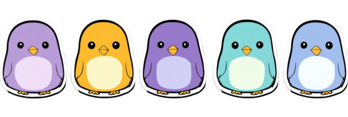 Cute cartoon birds in various colors, including purple, yellow, and blue, with cheerful expressions. Perfect for stickers or illustrations