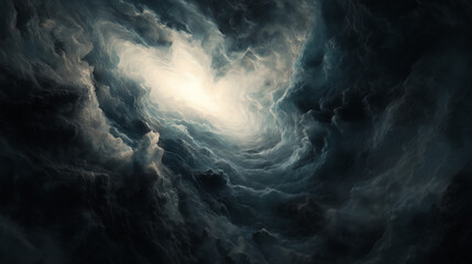 Powerful Swirling Storm Cloud Formation with Glowing Light Center and Dramatic Shadows in a Moody Sky







