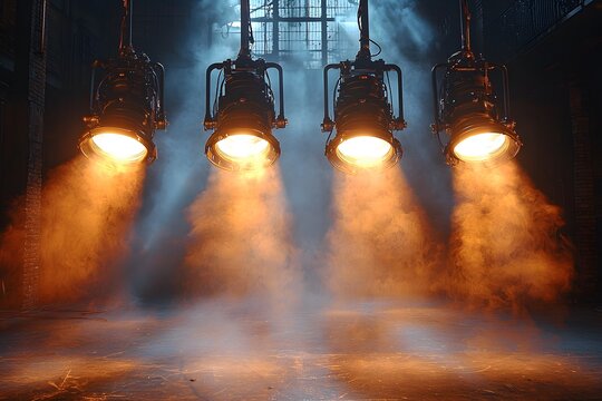 A brightly lit stage with a spotlight, set in a dark interior of a lively bar or club with neon lights, city atmosphere, and festive decorations