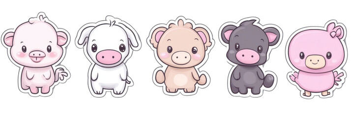 Cute cartoon animals including pig, cow, monkey, and duck, showcasing playful expressions and vibrant colors. Perfect for stickers or children illustrations