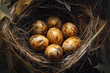 Obraz premium Six turkey eggs in the nest await maternal incubation the species is Meleagris gallopavo