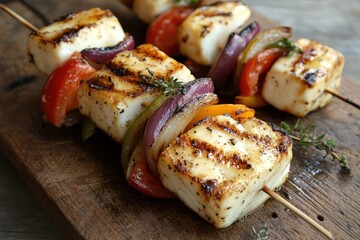 Skewers of Halloumi and veggies on a stone platter