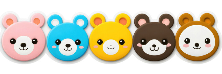 Obraz premium Cute cartoon animal stickers featuring colorful bear designs in pink, blue, yellow, brown, and white. These playful illustrations are perfect for adding charm to any project