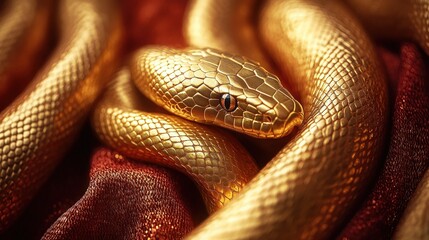 Fototapeta premium A Close-Up of a Gold Snake Coiled Elegantly on a Rich Red Fabric, Showcasing Its Intricate Scales and Shimmering Texture in Soft Natural Light